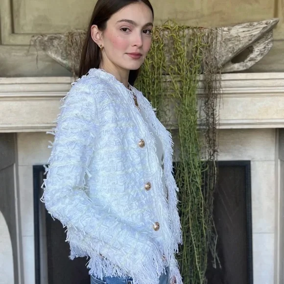 SOLD. Chic White Fringe Blazer - Picture 3 of 5